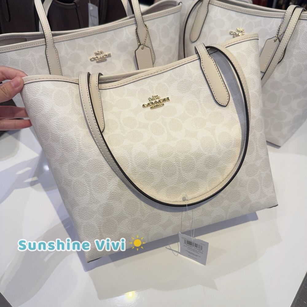 NWT Coach Medium City Tote Bag In Signature Canvas CDX82 Gold/White/Chalk